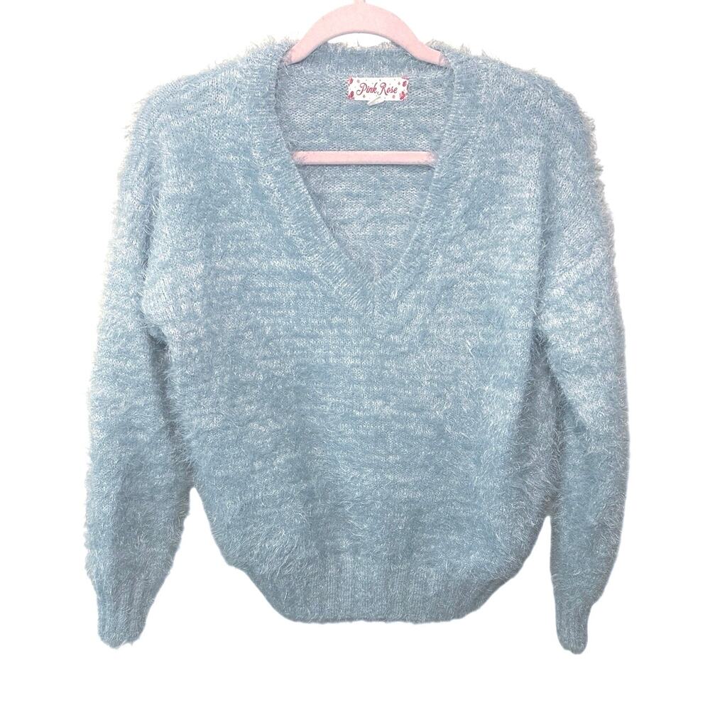 Pink Rose Fuzzy V-Neck Sweater Light Blue Medium soft